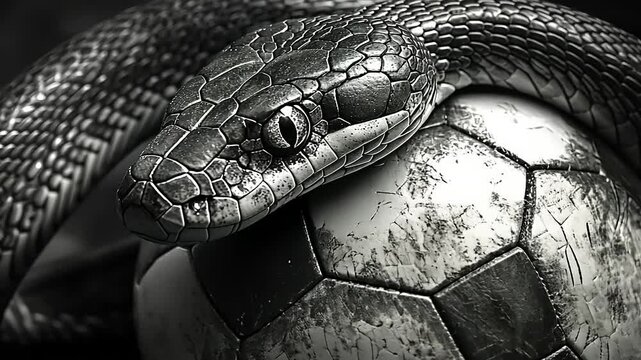 A detailed close-up of a snake resting on a worn soccer ball, highlighting texture