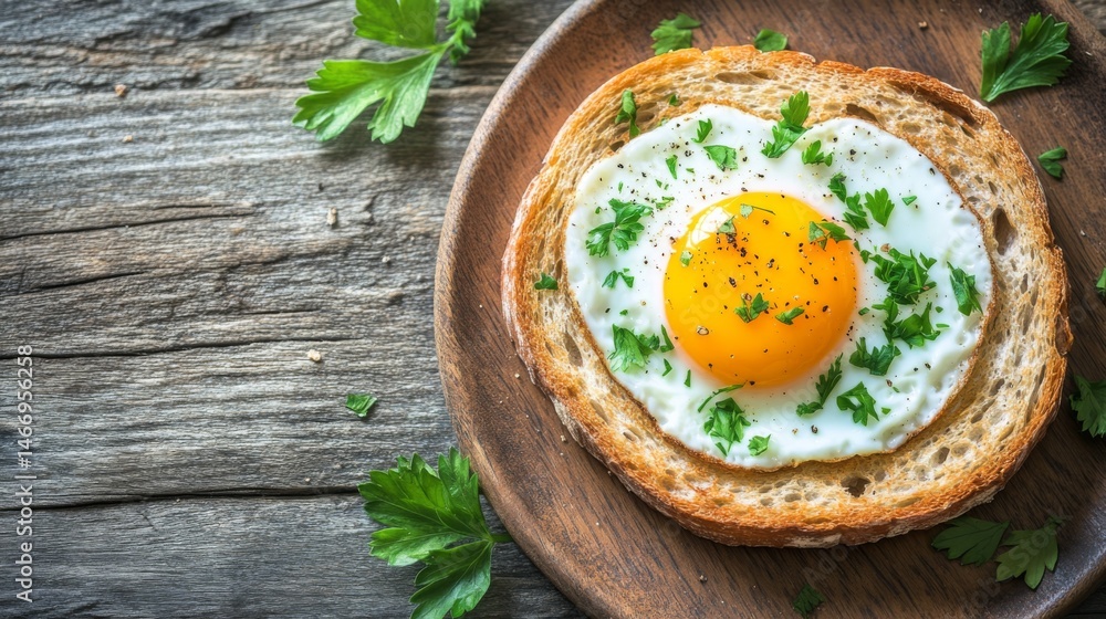 Poster a top-down view of toasted bread with a sunny-side-up egg on top, garnished with fresh herbs, served