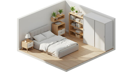 Isometric View: Minimalist Bedroom Interior Design with Light Wood Accents