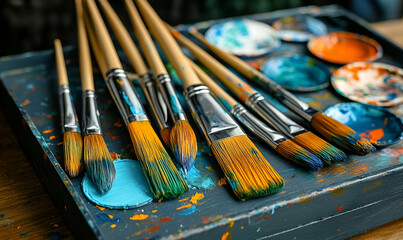 Fototapeta premium Assortment of Paintbrushes on a Paint-Stained Palette