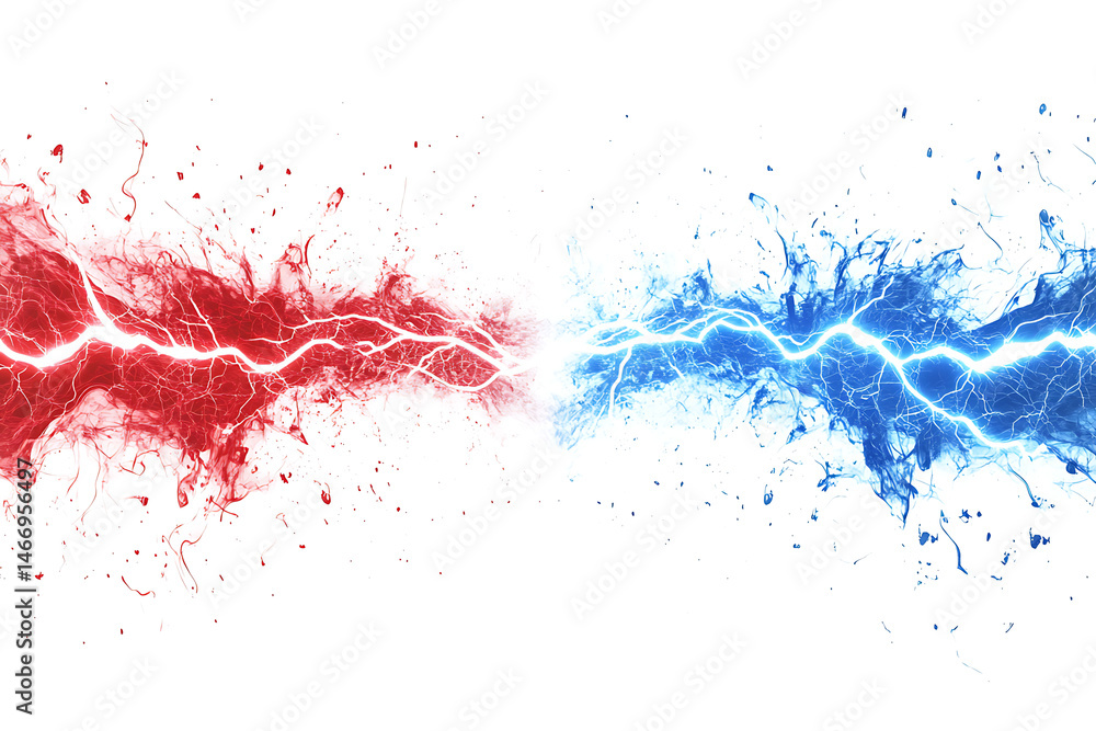 Poster abstract representation of clashing red and blue energy waves creating a dynamic visual impact