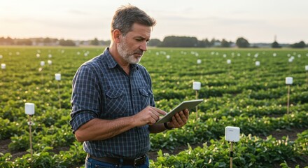 Fototapeta premium Man using tablet in agricultural field with green plants and signs.