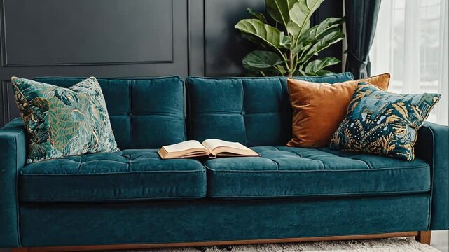 Teal velvet sofa in a modern living room