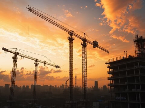 Tower Cranes Silhouette at Sunset Construction Site