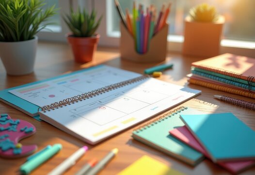 flat lay composition featuring vibrant business planning tools stationery notebooks pens markers highlighters work desk organization, workspace, office