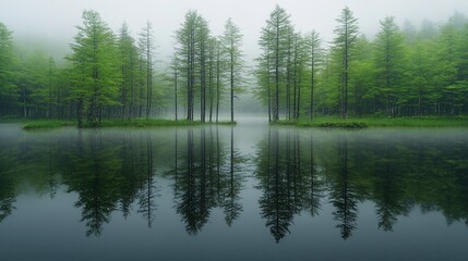 Obraz premium Misty forest lake scene
