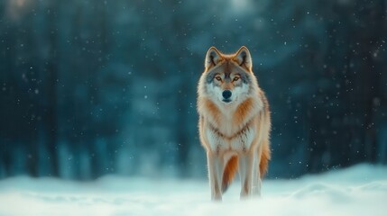 An elegant wolf stands confidently in a winter wonderland, its gaze fixed forward as snowflakes gradually drift down, enhancing the enchanting atmosphere of the scene.