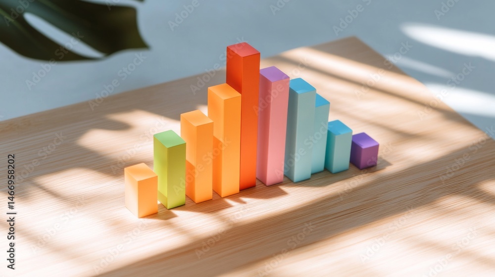 Fototapete A visually engaging D bar graph featuring multicolored bars with shadow effects, displayed on a light wooden surface, highlighting the data in a stylish manner.