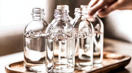 Clear glass bottles filled with liquid--clean white background.