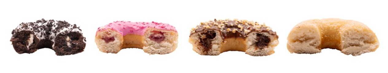 Pack de 4 donuts coupés en deux, donut oréo, fruits rouge, chocolat, sucre, au format PNG