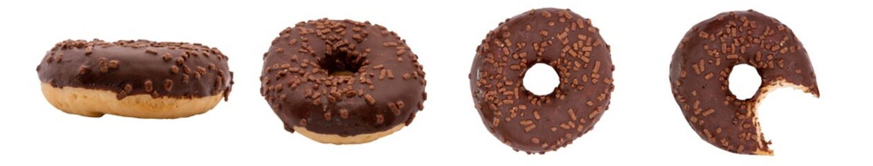 Pack de 4 images d'un donut au chocolat au format PNG, donut entier et croqué sous différents angles