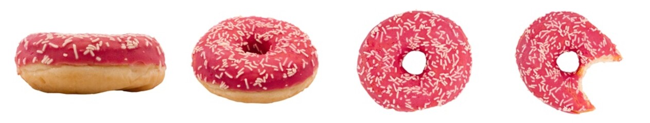 Pack de 4 images d'un donut fruits rouge au format PNG, donut entier et croqué sous différents angles