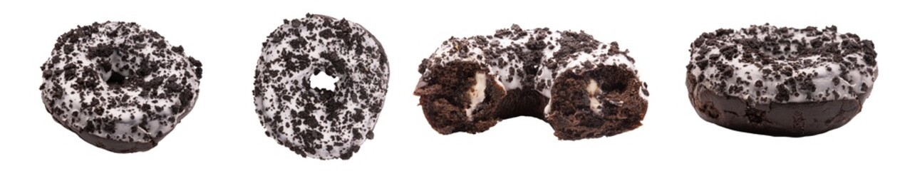 Pack de 4 images d'un donut oreo fourré à la crème au format PNG, donut entier et coupé sous différents angles