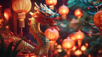 Fototapeta premium Chinese horse sculpture with lanterns for the Lunar New Year. Chinese 2026