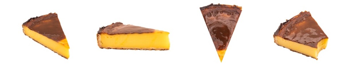 Pack de 4 images d'une part de flan caramélisé au format PNG, tartelette en entier ou coupé sous...