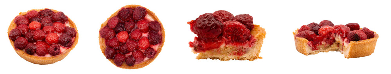 Pack de 4 images d'une tartelette à la framboise au format PNG, tartelette en entier ou coupé sous différents angle, vue de dessus et sur le côté