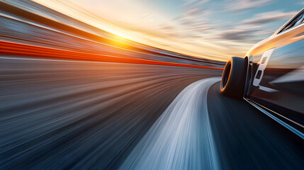 Obraz premium Speeding Through the Bend: A sleek vehicle navigates a dynamic road with vibrant hues and motion blur, evoking high velocity and adventure.