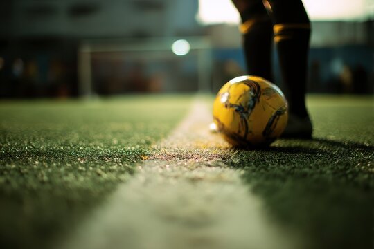 Closeup of soccer ball and soccer players in the stadium. Beautiful soccer field