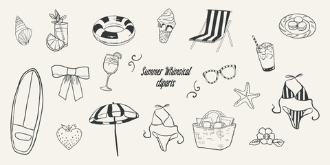 Black whimsical beach cliparts in outline hand drawn style. Flat illustrations of swimsuit, glasses, seastar, ribbon bow, ice cream, coctails, surf board, seashell, seastar, strawberry, lifebuoy.