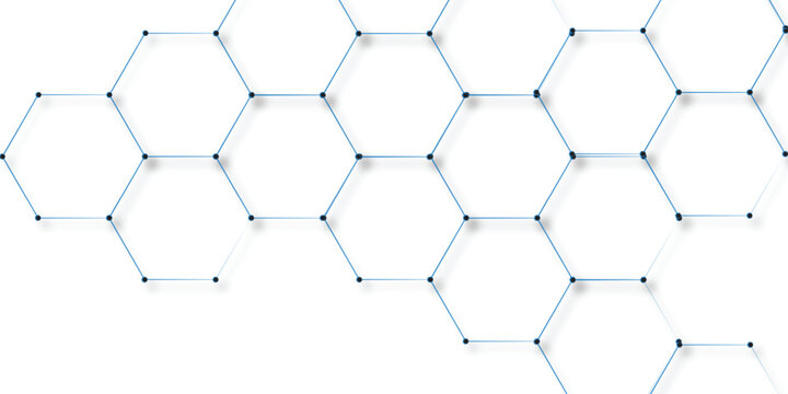 Abstract geometric pattern of blue hexagons with connecting nodes on white background for digital design