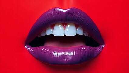 Fototapeta premium Vibrant Vilolet Lipstick on Perfectly Contoured Lips and red background – Glamorous Beauty Close-Up