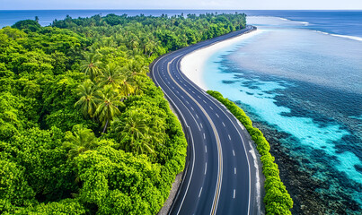 Aerial View of a Coastal Road Winding Through Lush Tropical Island