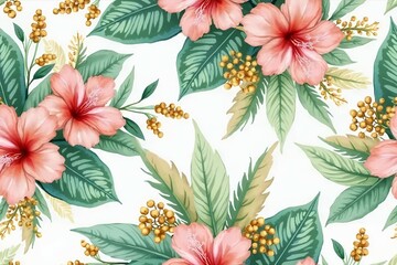 Seamless watercolor floral pattern with hibiscus-style blush pink and coral flowers. 