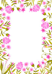 Vertical border frame  PInk petal wild field flowers. Botanical hand drawn watercolor illustration on isolated background. Greeting card