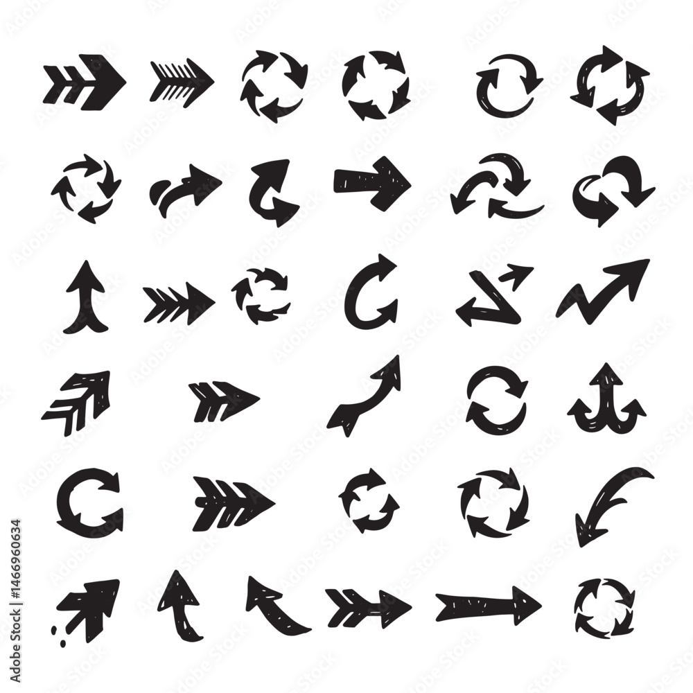Poster modern arrow icon set with hand sketched style arrows in diverse angles useful for apps web design p