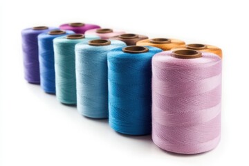 Spools of colorful thread arranged in a row on a white surface close up view
