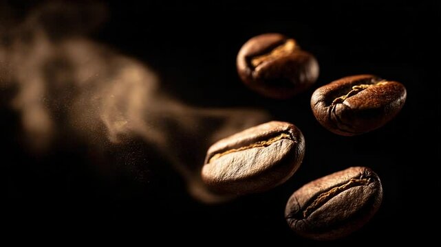 Close-up of roasted coffee beans floating with aromatic dust against a dark background