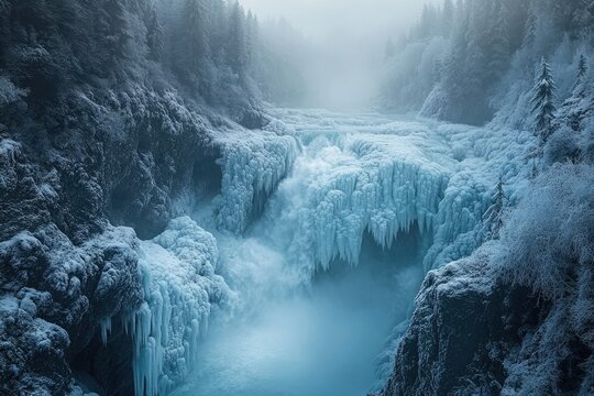 Frozen waterfall cascading through a snow-covered winter forest, creating a breathtaking icy landscape.