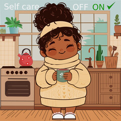 Cute dark-skinned girl enjoying cozy self-care morning in kitchen
