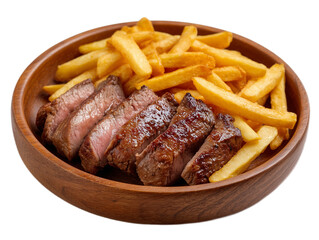 Savory Steak and Golden Fries: A delectable wooden bowl showcases perfectly cooked, sliced steak alongside a generous serving of crispy, golden fries