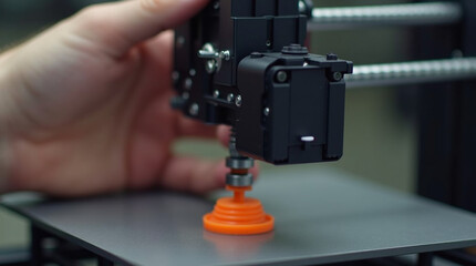 Fototapeta premium Close-Up Hand Adjusting 3D Printer Nozzle – Microphotography of Precision Mechanics and Filament Detail