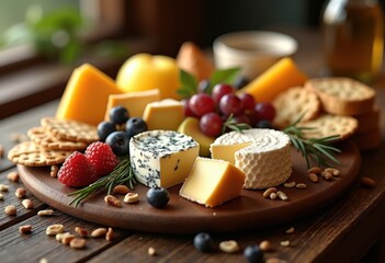 artfully arranged cheese platter diverse textures variety cheeses nuts fruits herbs accompaniments, basket, fontina, brie, cheddar, gorgonzola, goat, filet