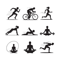Black Silhouette Icons of People Doing Fitness and Wellness Activities – Running, Cycling, Yoga, and More