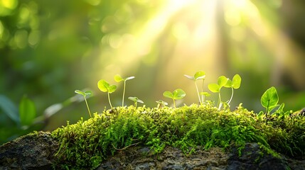 Close-Up of New Sprout Growing on Mossy Stone in Forest with Sunlight and Green Nature Background