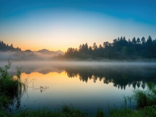Fototapeta premium Misty Sunrise Over Lake and Trees