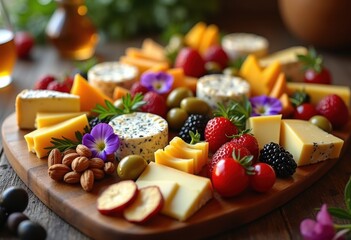 artisan cheese selection vibrant charcuterie board accompaniments gourmet delicacies appetizing presentation assorted flavors, platter, delicacy, fruit