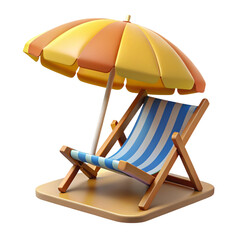 Relaxing beach chair under a vibrant yellow umbrella 3D icon on transparent background