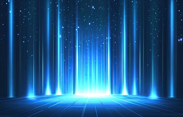 Futuristic stage with vibrant blue light beams,  illuminating a dark space.  Detailed digital artwork of glowing vertical light rays, creating a dynamic backdrop