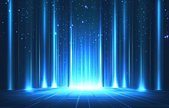 Futuristic stage with vibrant blue light beams,  illuminating a dark space.  Detailed digital artwork of glowing vertical light rays, creating a dynamic backdrop