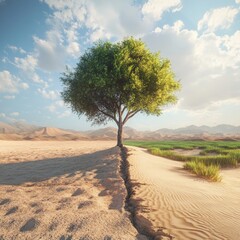 Fototapeta premium A lone vibrant tree stands in a desert, dividing sand from lush green