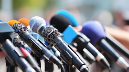 Press conference microphones in a row.