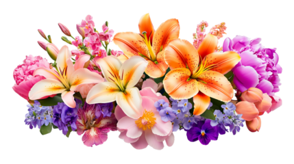 A set of beautiful close-up shots of a colorful flower arrangement with detailed petals, isolated on a transparent background