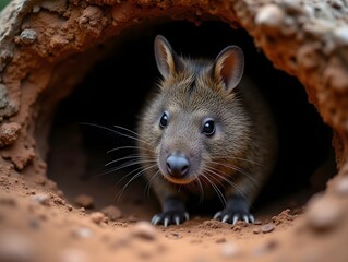 Wombat Vombatus ursinus phylum Chordata class Mammalia order Diprotodontia family Vombatidae peering out of burrow in the Australian bush soft light illuminating its fur and earthy textures