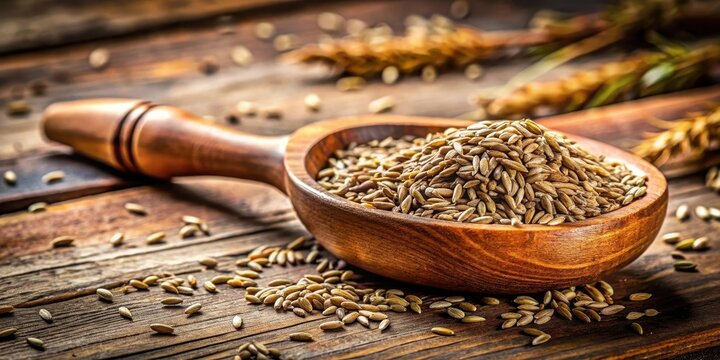Freshly harvested cumin seeds in a wooden scoop on a rustic table, surrounded by natural textures and earthy tones