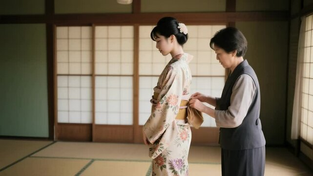 Elderly woman assists a young woman tying an obi sash on a traditional japanese kimono in a tatami room, representing cultural heritage, ceremony, and intergenerational connection