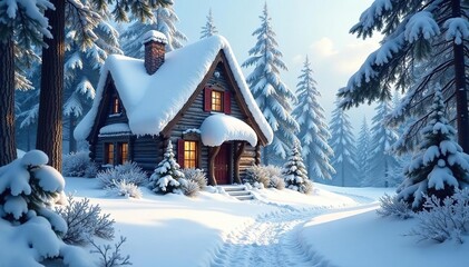 Fototapeta premium Snow-covered whimsical cottage nestled in frosted pines , magical, wintry, wonderland
